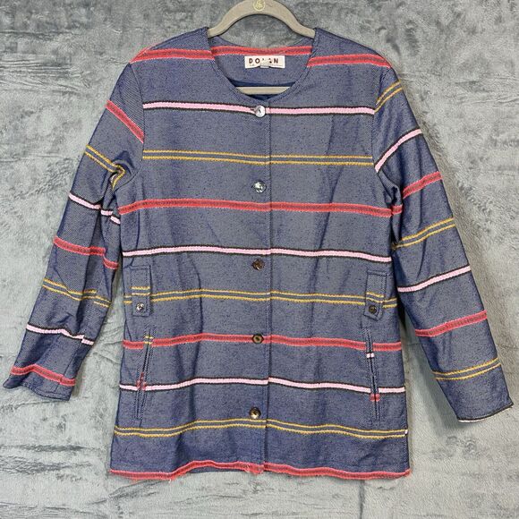 Dolan Anthropologie Denim Coat Womens Size L Striped Multicolored Button Up Y2K - Picture 1 of 16